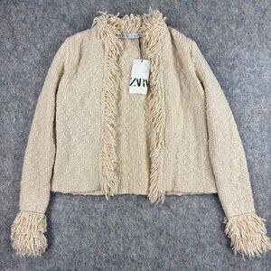 Zara Knit Fringe Cardigan Size Small Cream Open Front